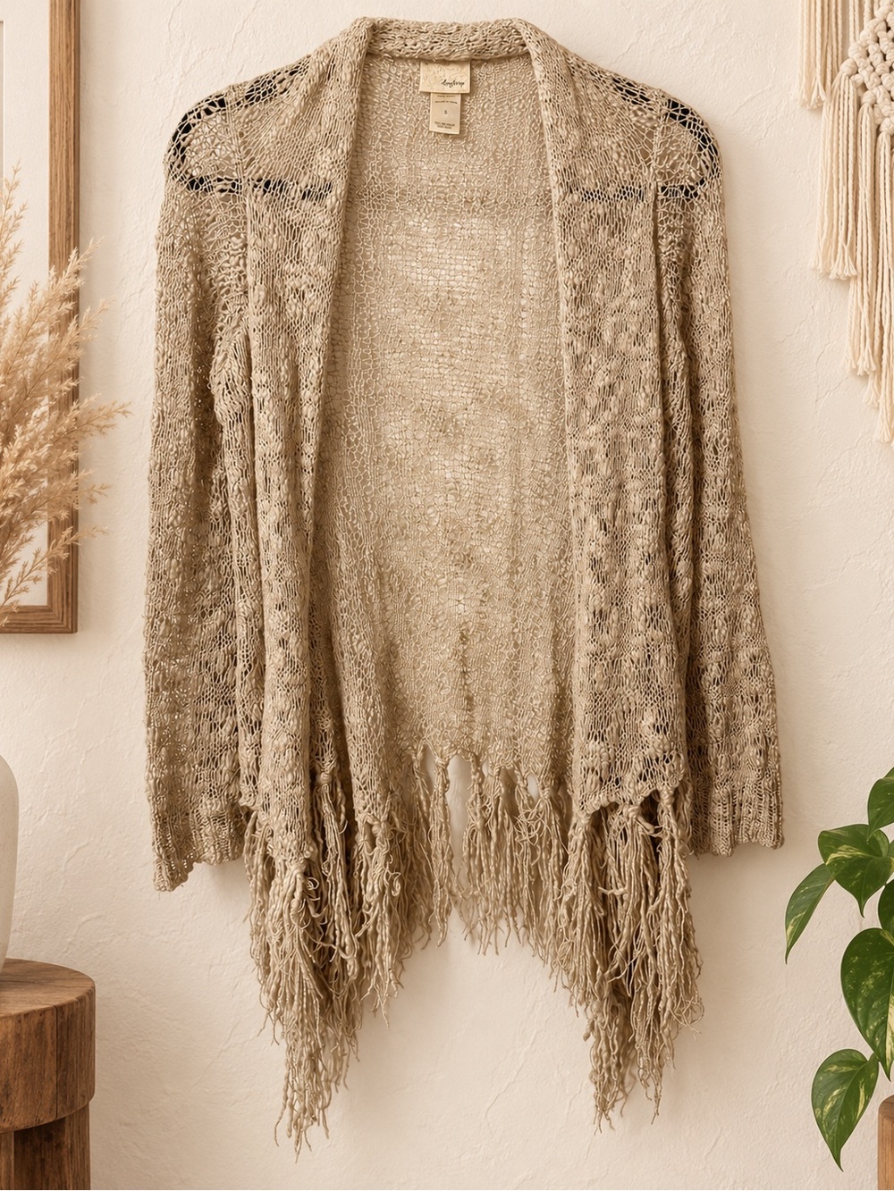 Daytrip Buckle Size Small Boho Open Knit Fringe Cardigan Sweater